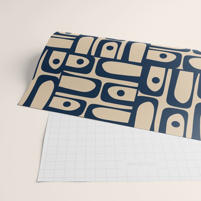 Mid Century Modern Piquet Abstract Multi Pattern in Mid Mod Navy Blue and Beige Wrapping Paper Gallery Image 2