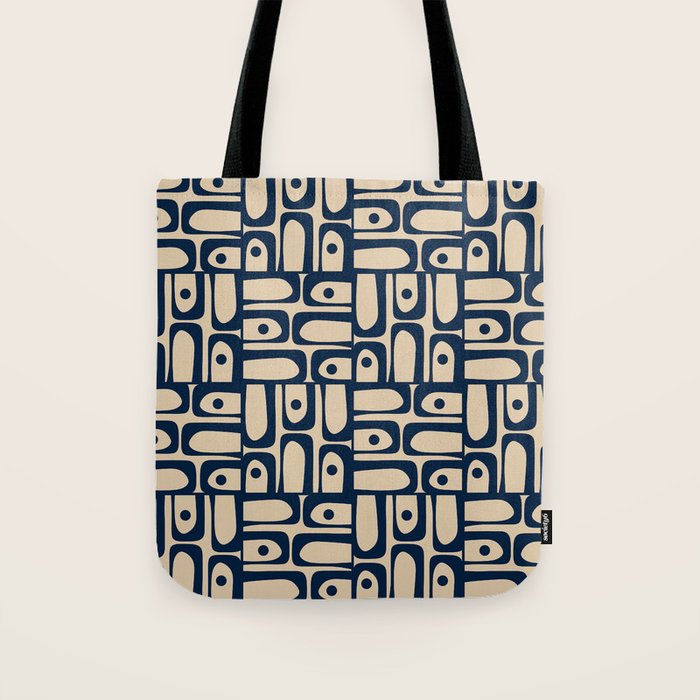 Mid Century Modern Piquet Abstract Multi Pattern in Mid Mod Navy Blue and Beige Tote Bag Gallery Image 1