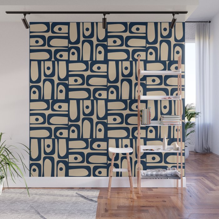 Mid Century Modern Piquet Abstract Multi Pattern in Mid Mod Navy Blue and Beige Wall Mural Gallery Image 1