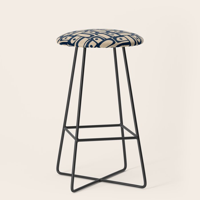 Mid Century Modern Piquet Abstract Multi Pattern in Mid Mod Navy Blue and Beige Stool Gallery Image 1