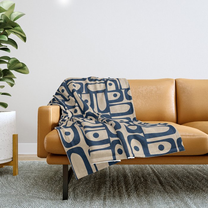 Mid Century Modern Piquet Abstract Multi Pattern in Mid Mod Navy Blue and Beige Throw Blanket Gallery Image 1