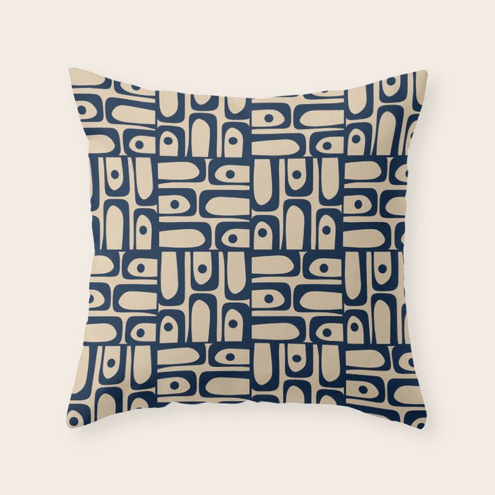 Mid Century Modern Piquet Abstract Multi Pattern in Mid Mod Navy Blue and Beige Throw Pillow Gallery Image 1