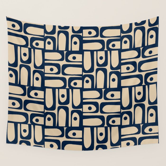 Mid Century Modern Piquet Abstract Multi Pattern in Mid Mod Navy Blue and Beige Wall Tapestry Gallery Image 1
