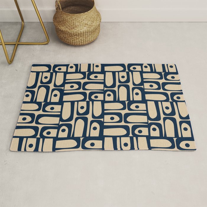 Mid Century Modern Piquet Abstract Multi Pattern in Mid Mod Navy Blue and Beige Rug Gallery Image 1