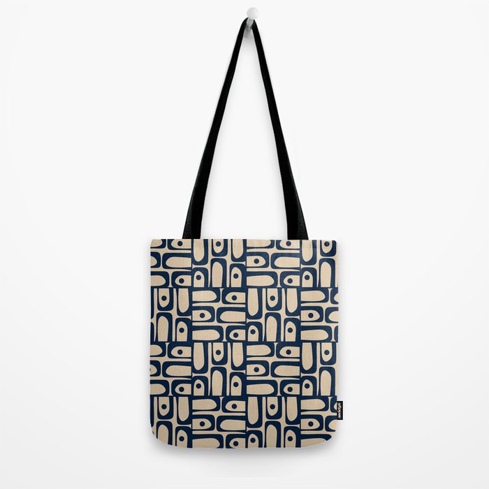 Mid Century Modern Piquet Abstract Multi Pattern in Mid Mod Navy Blue and Beige Tote Bag Gallery Image 2