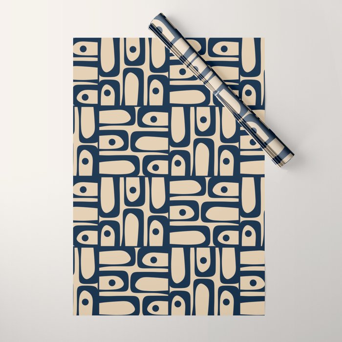 Mid Century Modern Piquet Abstract Multi Pattern in Mid Mod Navy Blue and Beige Wrapping Paper Gallery Image 1