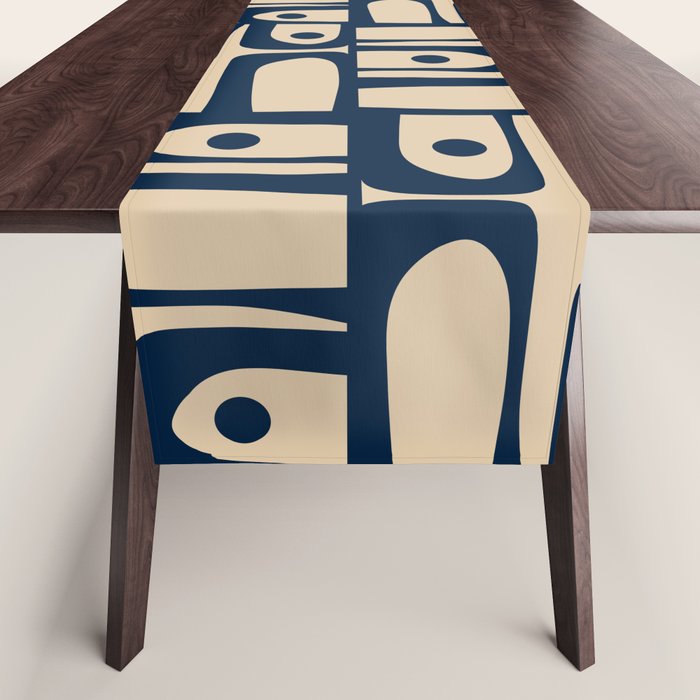 Mid Century Modern Piquet Abstract Multi Pattern in Mid Mod Navy Blue and Beige Table Runner Gallery Image 1