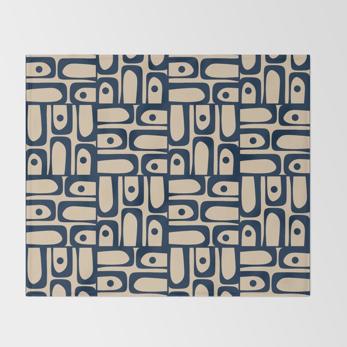 Mid Century Modern Piquet Abstract Multi Pattern in Mid Mod Navy Blue and Beige Throw Blanket Gallery Image 2