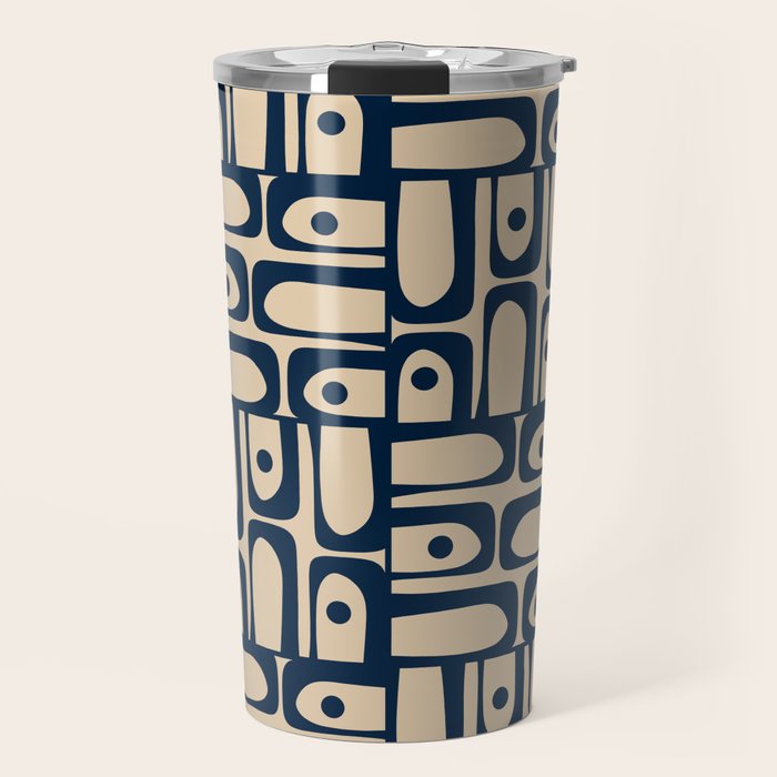 Mid Century Modern Piquet Abstract Multi Pattern in Mid Mod Navy Blue and Beige Travel Mug Gallery Image 1