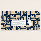 Mid Century Modern Piquet Abstract Multi Pattern in Mid Mod Navy Blue and Beige Desk Mat Gallery Image 1