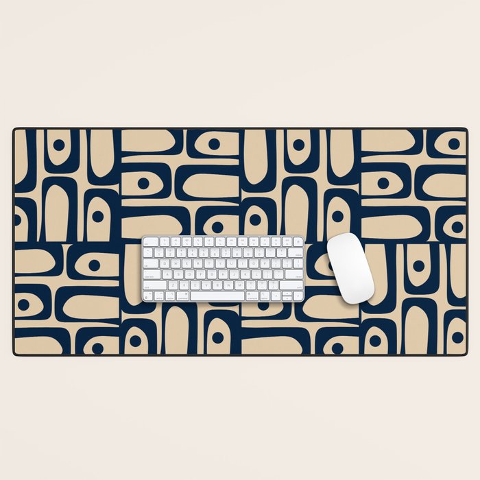 Mid Century Modern Piquet Abstract Multi Pattern in Mid Mod Navy Blue and Beige Desk Mat Gallery Image 1