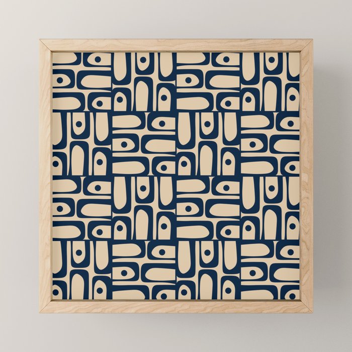 Mid Century Modern Piquet Abstract Multi Pattern in Mid Mod Navy Blue and Beige Mini Art Print Gallery Image 1