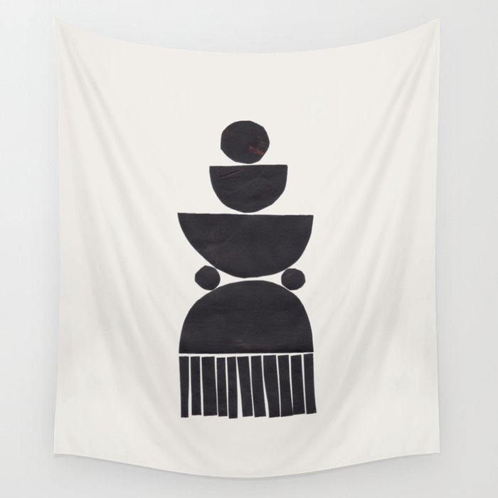 Black & White Minimalist Mid Century Paper collage Funky Black Ink Tribal Geometric by Ejaaz Haniff Wall Tapestry Gallery Image 1