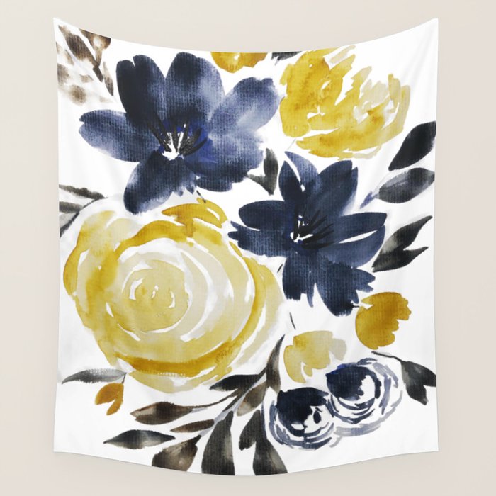 Navy and Yellow Loose Watercolor Floral Bouquet Wall Tapestry Gallery Image 4
