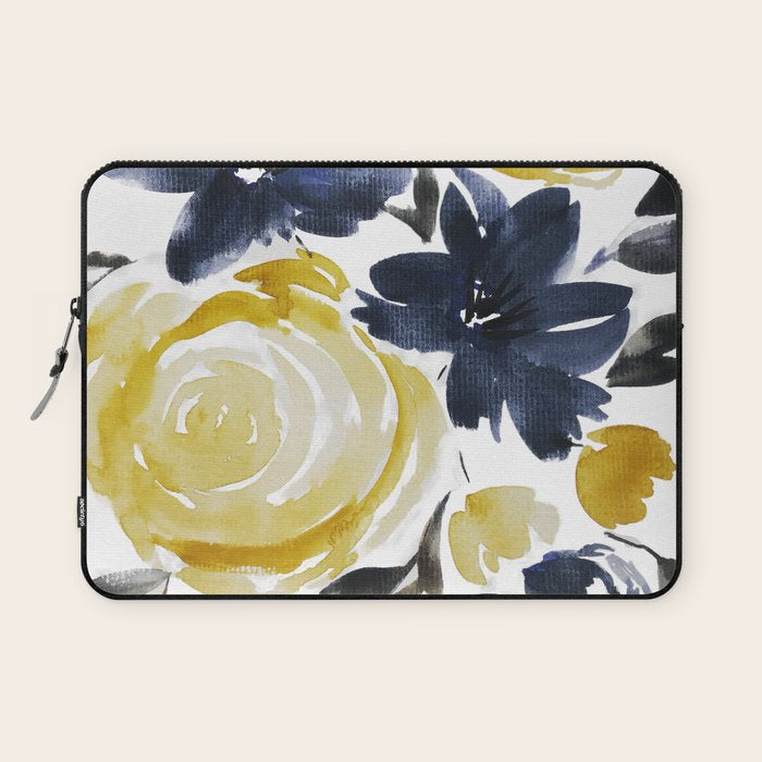 Navy and Yellow Loose Watercolor Floral Bouquet Laptop Sleeve Gallery Image 1