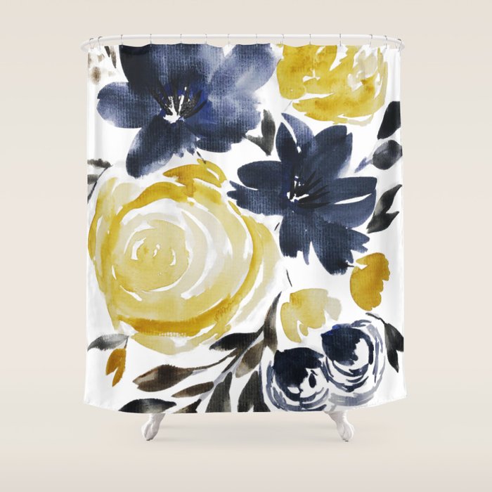 Navy and Yellow Loose Watercolor Floral Bouquet Shower Curtain Gallery Image 1
