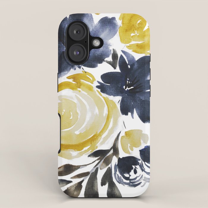Navy and Yellow Loose Watercolor Floral Bouquet iPhone Case Gallery Image 1