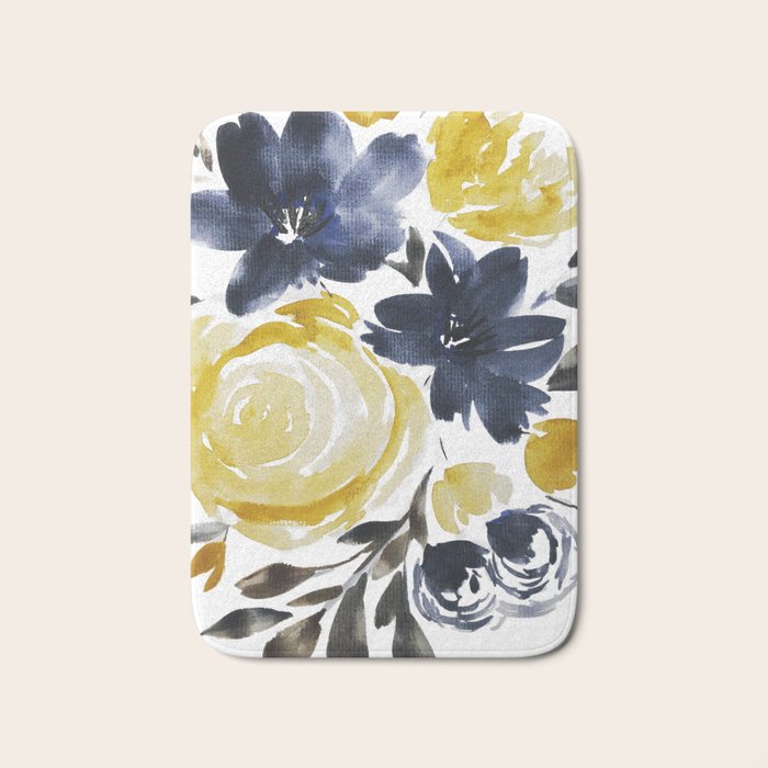 Navy and Yellow Loose Watercolor Floral Bouquet Bath Mat Gallery Image 1
