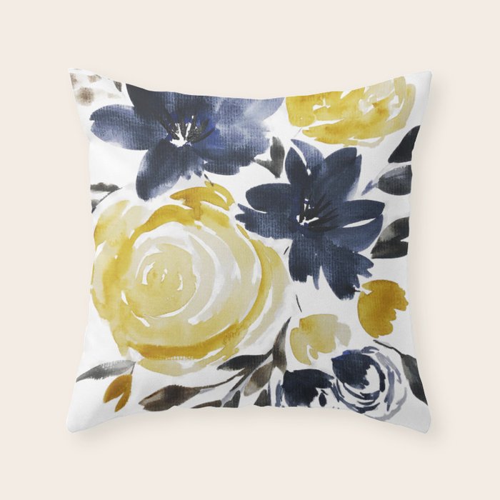 Navy and Yellow Loose Watercolor Floral Bouquet Throw Pillow
