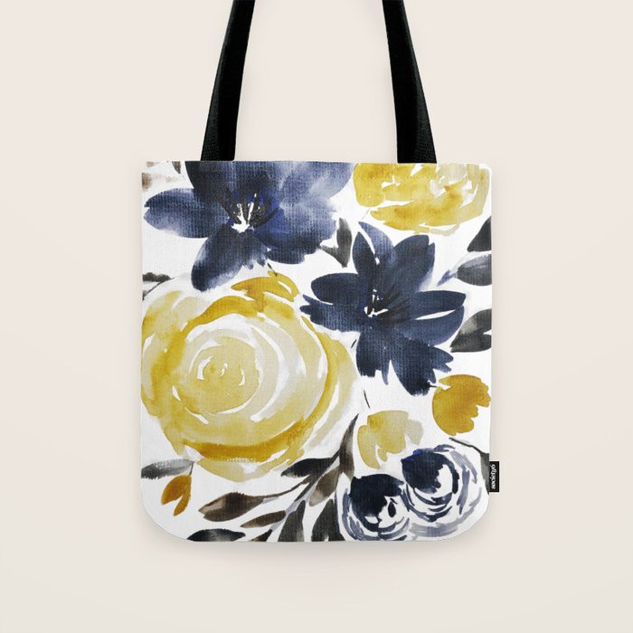 Navy and Yellow Loose Watercolor Floral Bouquet Tote Bag Gallery Image 1