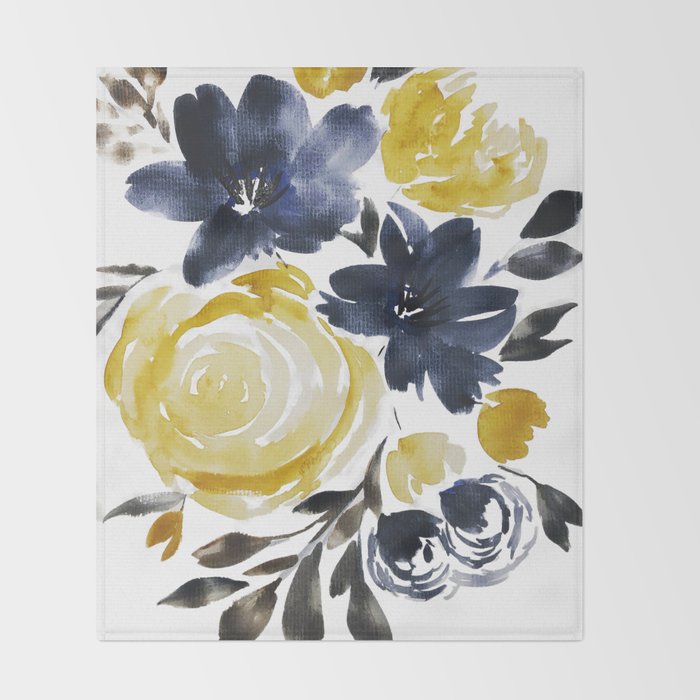 Navy and Yellow Loose Watercolor Floral Bouquet Throw Blanket Gallery Image 2