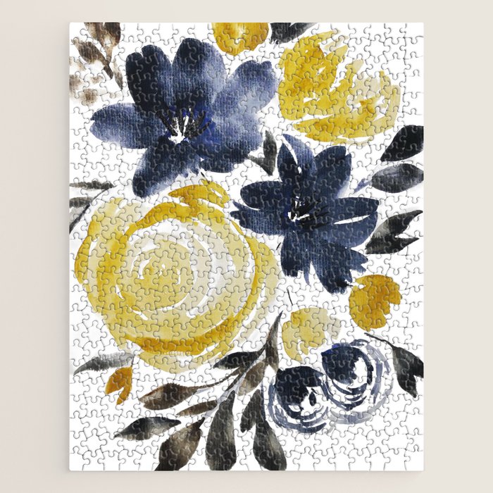 Navy and Yellow Loose Watercolor Floral Bouquet Jigsaw Puzzle Gallery Image 1