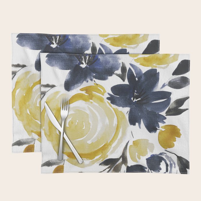Navy and Yellow Loose Watercolor Floral Bouquet Placemat Gallery Image 1