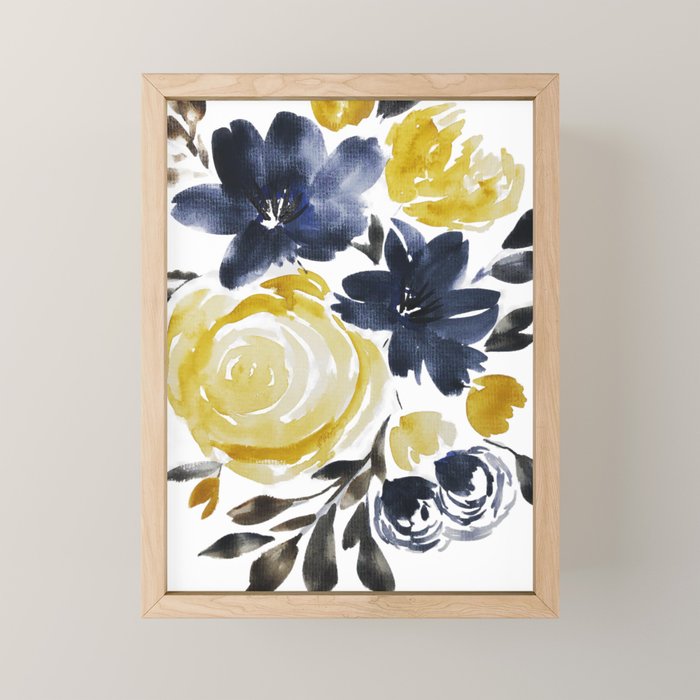 Navy and Yellow Loose Watercolor Floral Bouquet Mini Art Print Gallery Image 1