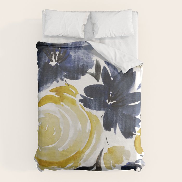 Navy and Yellow Loose Watercolor Floral Bouquet Duvet Cover