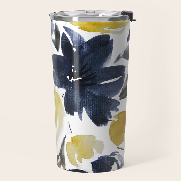 Navy and Yellow Loose Watercolor Floral Bouquet Travel Mug Gallery Image 2