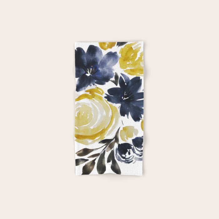 Navy and Yellow Loose Watercolor Floral Bouquet Bath Towel Gallery Image 1
