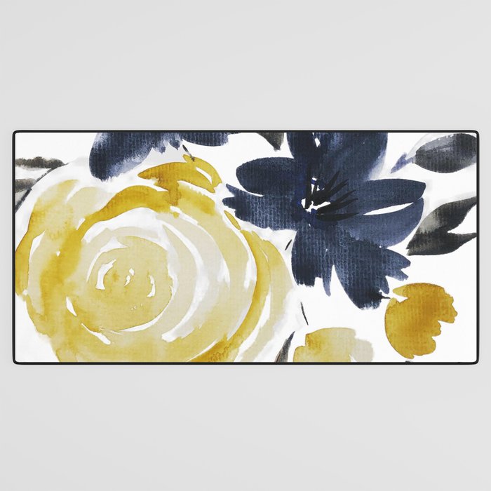 Navy and Yellow Loose Watercolor Floral Bouquet Desk Mat Gallery Image 3