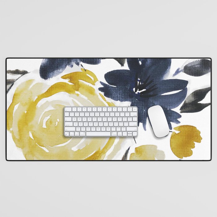 Navy and Yellow Loose Watercolor Floral Bouquet Desk Mat Gallery Image 1