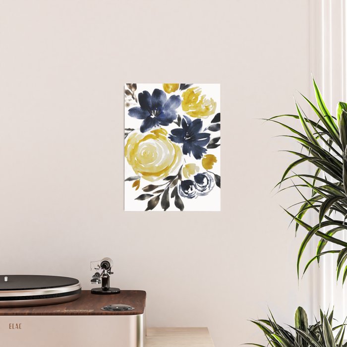 Navy and Yellow Loose Watercolor Floral Bouquet Poster Gallery Image 2