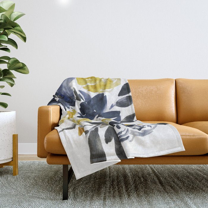 Navy and Yellow Loose Watercolor Floral Bouquet Throw Blanket Gallery Image 1