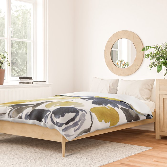 Navy and Yellow Loose Watercolor Floral Bouquet Duvet Cover Gallery Image 2