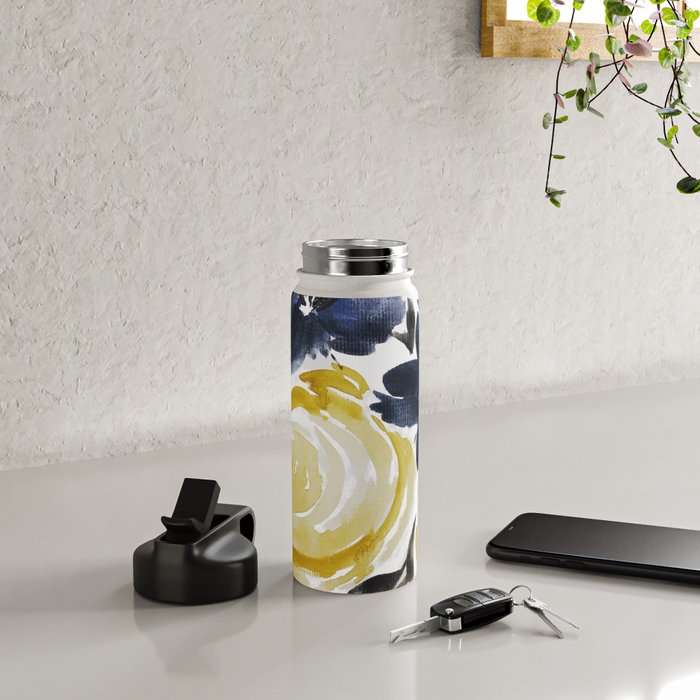 Navy and Yellow Loose Watercolor Floral Bouquet Water Bottle Gallery Image 4