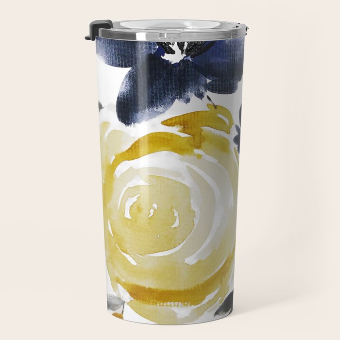 Navy and Yellow Loose Watercolor Floral Bouquet Travel Mug Gallery Image 3