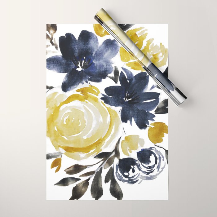 Navy and Yellow Loose Watercolor Floral Bouquet Wrapping Paper Gallery Image 1