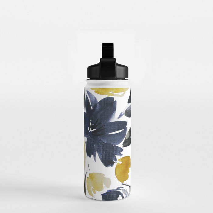 Navy and Yellow Loose Watercolor Floral Bouquet Water Bottle Gallery Image 2