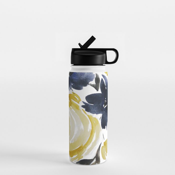 Navy and Yellow Loose Watercolor Floral Bouquet Water Bottle Gallery Image 1