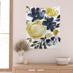 Navy and Yellow Loose Watercolor Floral Bouquet Wall Tapestry Gallery Image 2