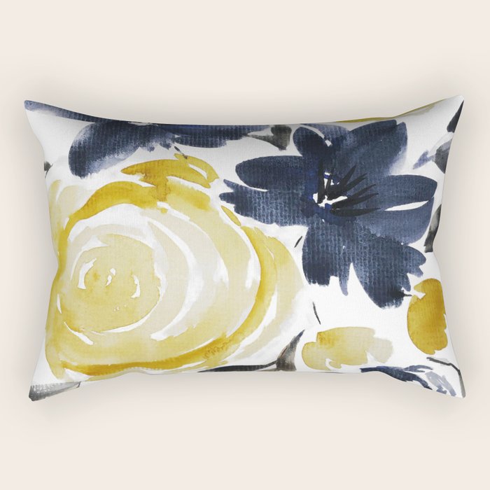 Navy and Yellow Loose Watercolor Floral Bouquet Rectangular Pillow
