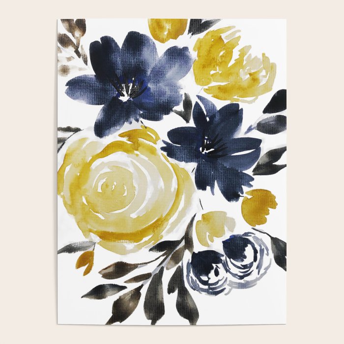 Navy and Yellow Loose Watercolor Floral Bouquet Poster Gallery Image 1