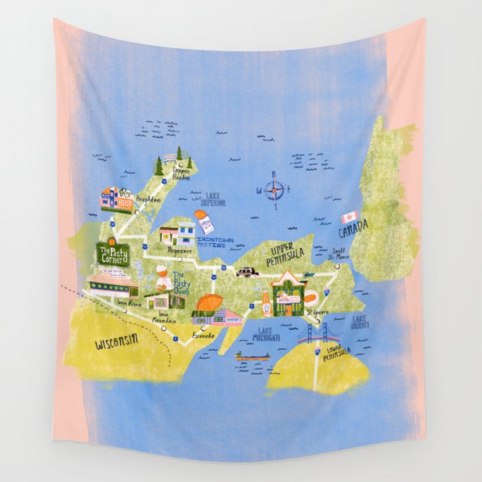 Map of Northern Michigan - Pasty Tour in Peach Wall Tapestry Gallery Image 1