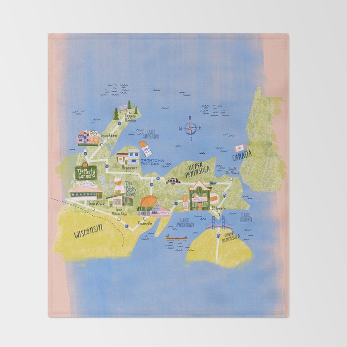 Map of Northern Michigan - Pasty Tour in Peach Throw Blanket Gallery Image 2