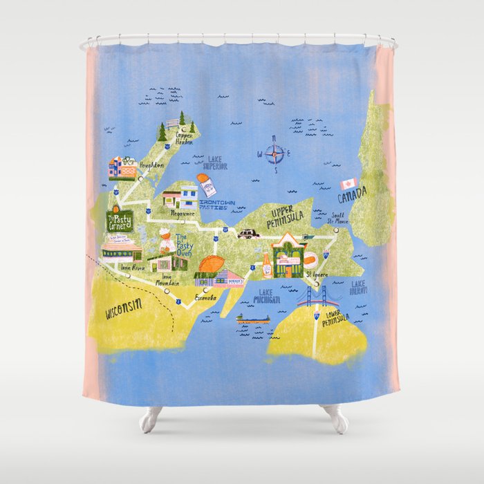 Map of Northern Michigan - Pasty Tour in Peach Shower Curtain Gallery Image 1