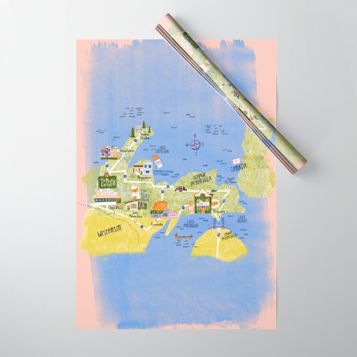 Map of Northern Michigan - Pasty Tour in Peach Wrapping Paper Gallery Image 1