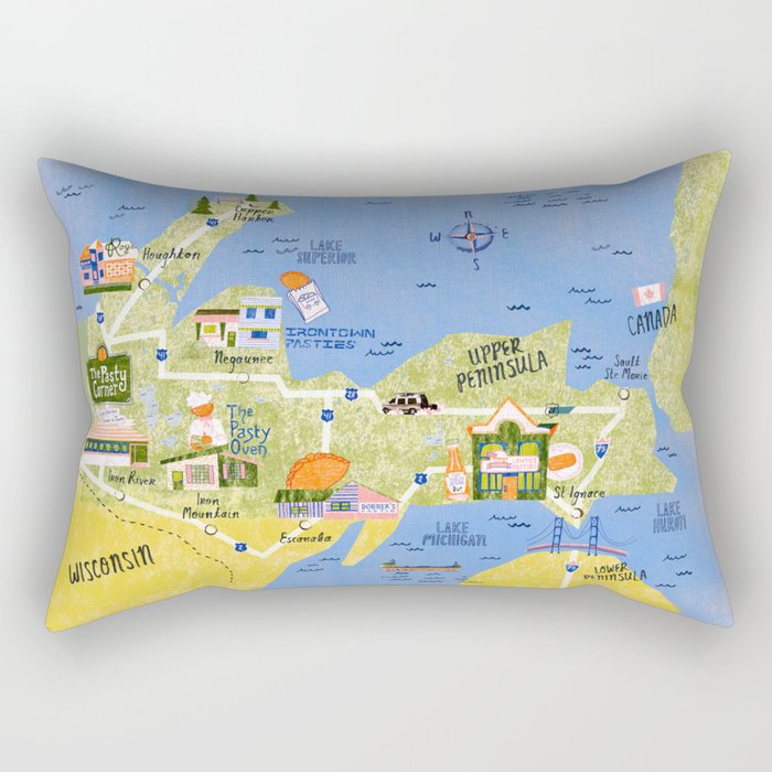 Map of Northern Michigan - Pasty Tour in Peach Rectangular Pillow Gallery Image 2