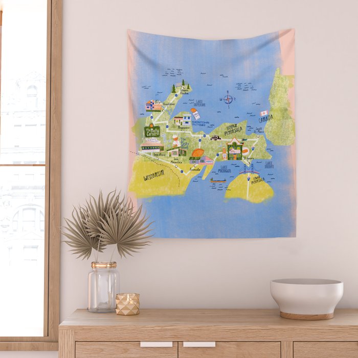Map of Northern Michigan - Pasty Tour in Peach Wall Tapestry Gallery Image 2